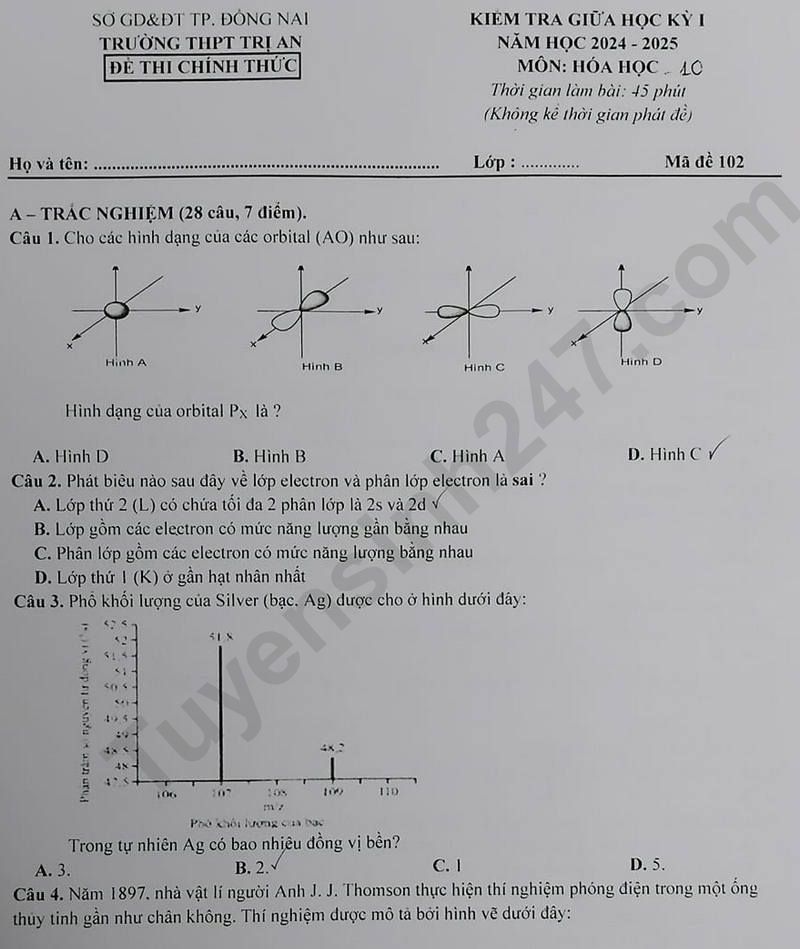 Đề thi giữa HK1 môn Hóa lớp 10 - THPT Trị An năm 2024