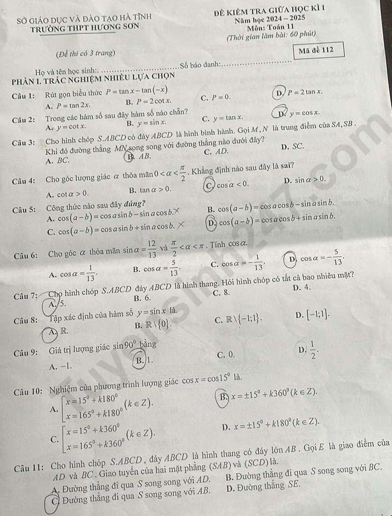 Đề thi giữa học kì 1 môn Toán lớp 11 - THPT Hương Sơn 2024