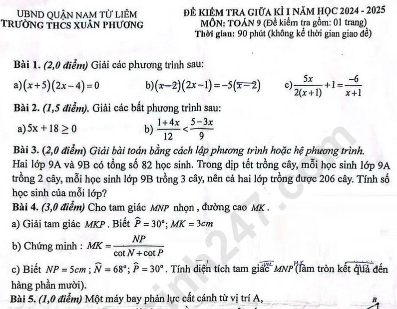 Đề thi giữa kì 1 lớp 9 môn Toán 2024 - THCS Xuân Phương