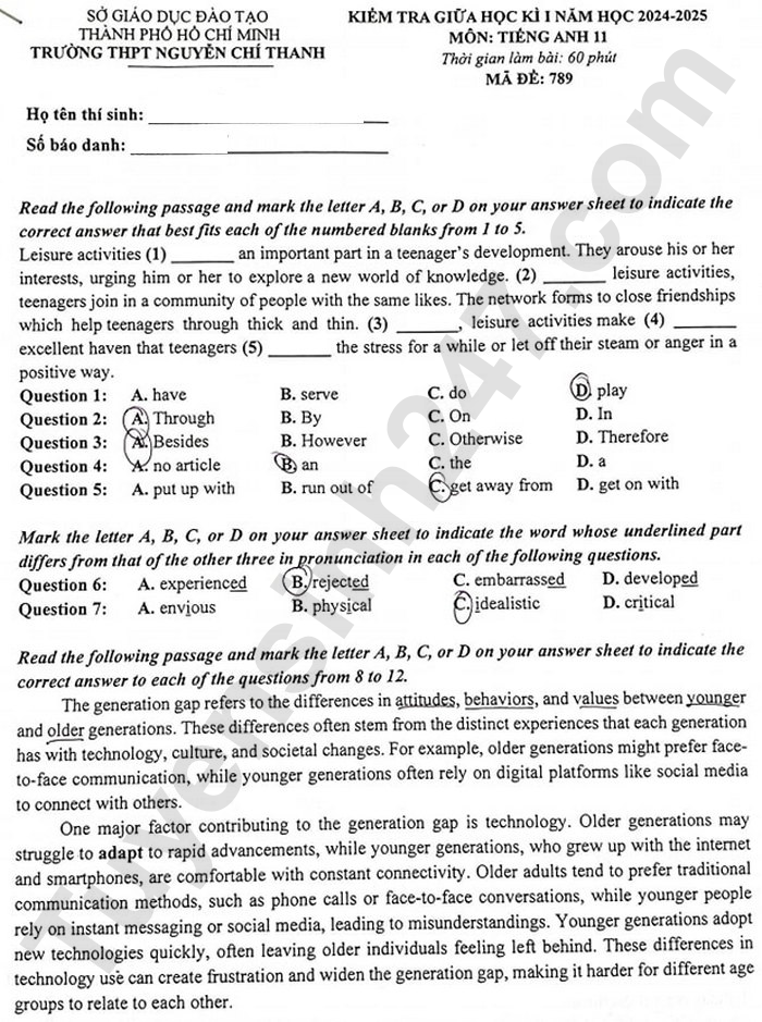 Đề thi giữa HK1 môn Anh lớp 11 - THPT Nguyễn Chí Thanh 2024
