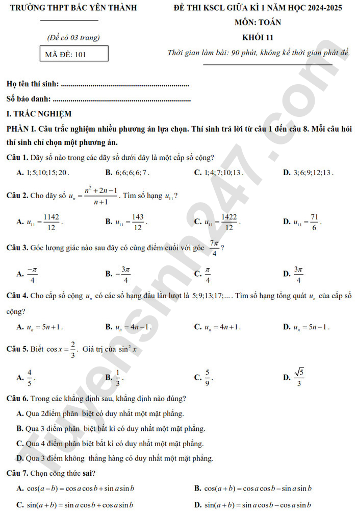 Đề thi giữa kì 1 môn Toán lớp 11 2024 - THPT Bắc Yên Thành (Có đáp án)