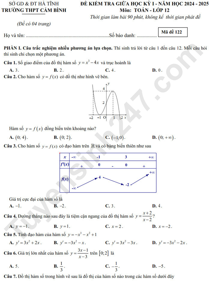 Đề thi giữa HK1 môn Toán lớp 12 năm 2024 - THPT Cẩm Bình