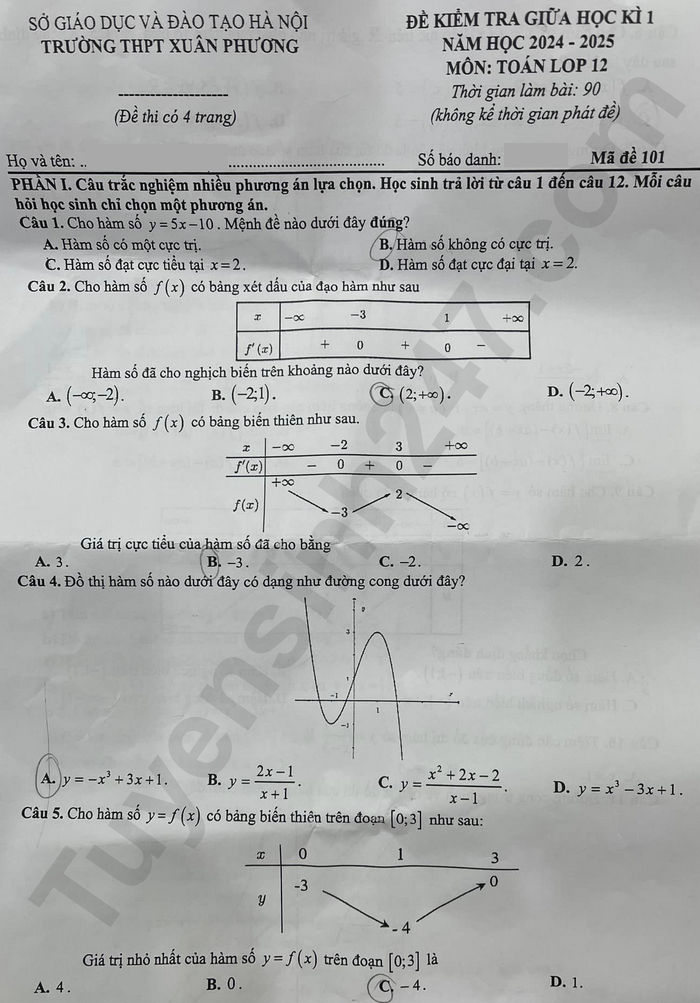 Đề thi giữa HK1 môn Toán lớp 12 - THPT Xuân Phương 2024