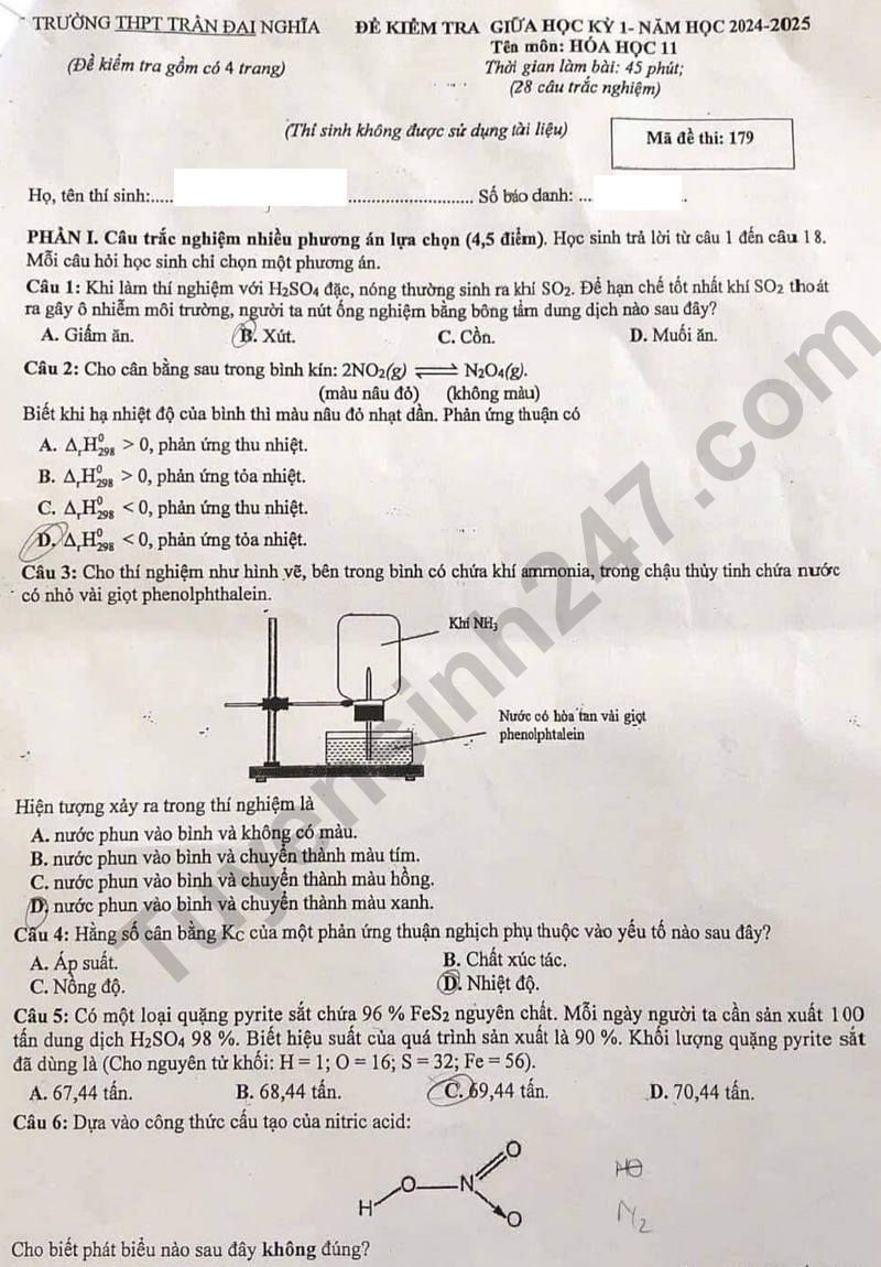 Đề thi giữa HK1 môn Hóa lớp 11 - THPT Trần Đại Nghĩa 2024