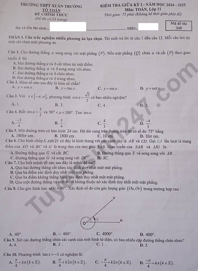 Đề thi giữa kì 1 môn Toán lớp 11 - THPT Xuân Trường 2024