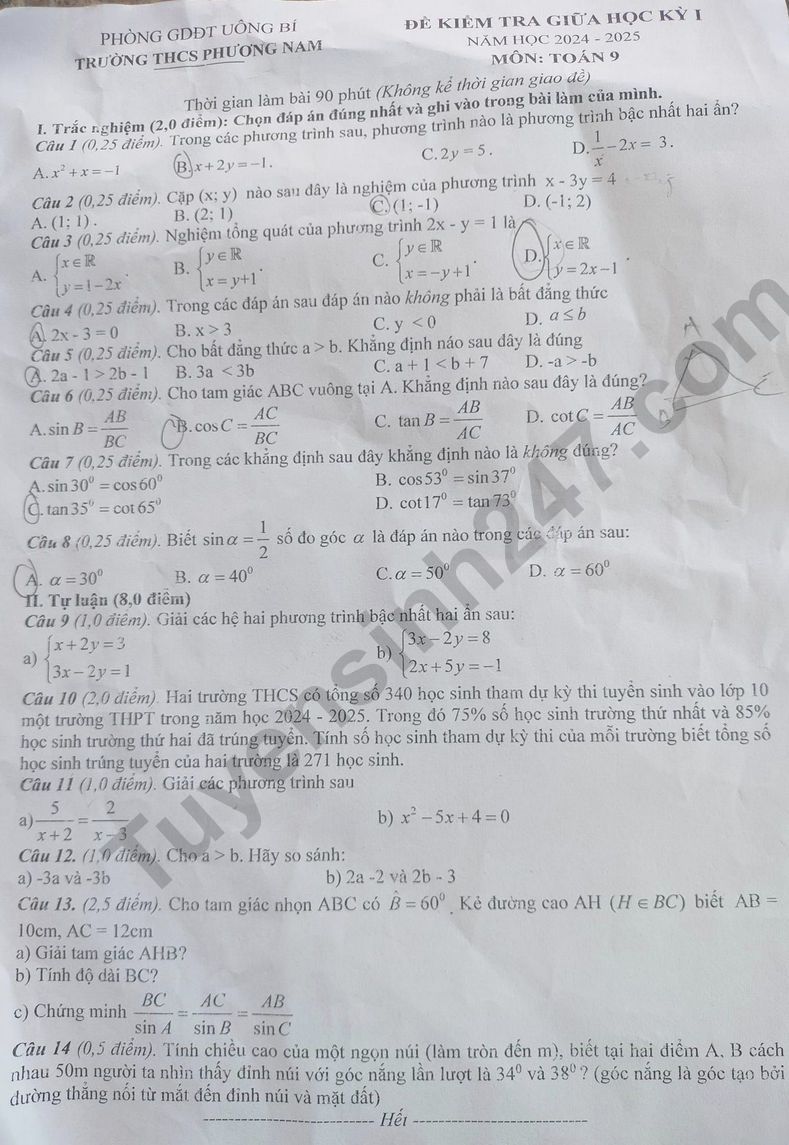 Đề thi giữa học kì 1 môn Toán lớp 9 năm 2024 - THCS Phương Nam