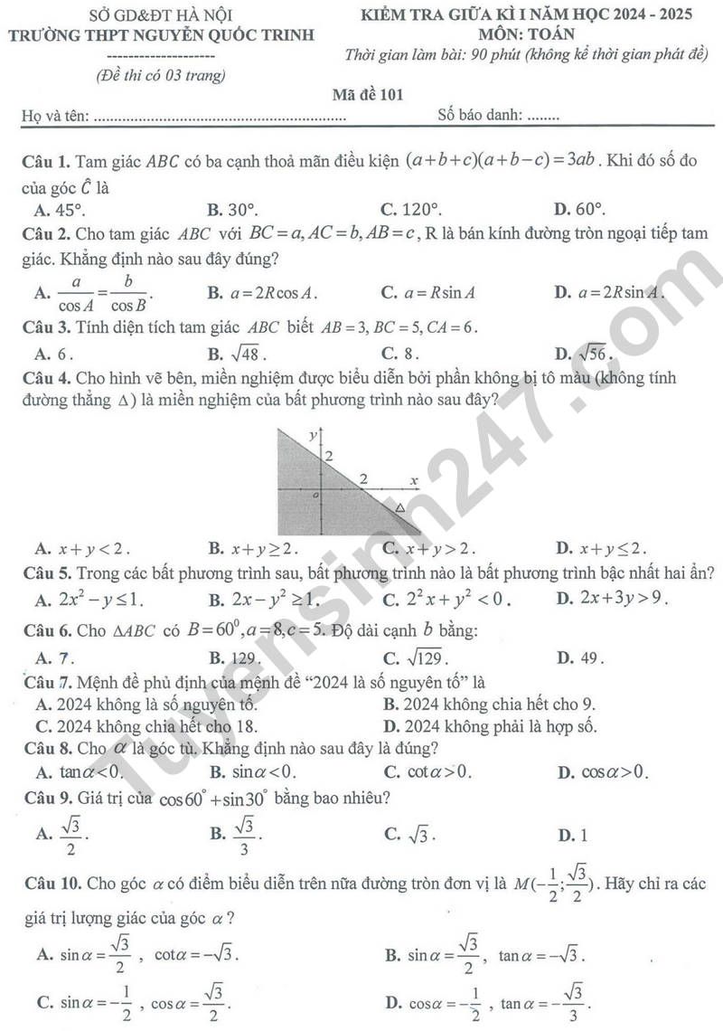 Đề thi giữa kì 1 môn Toán lớp 10 - THPT Nguyễn Quốc Trinh năm 2024