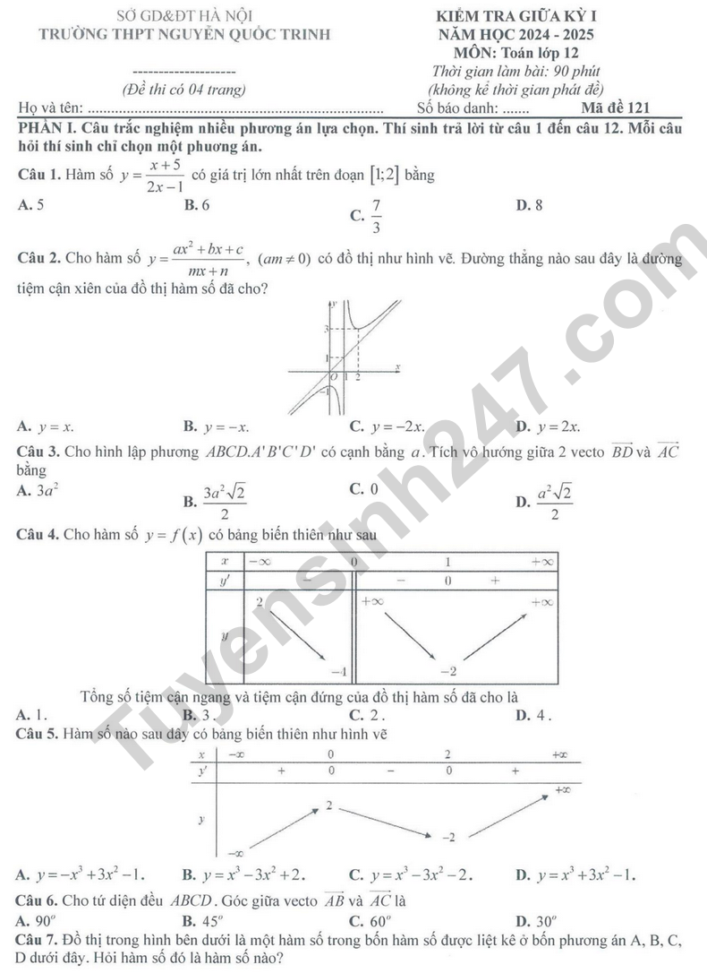 Đề thi giữa học kì 1 môn Toán lớp 12 năm 2024 - THPT Nguyễn Quốc Trinh