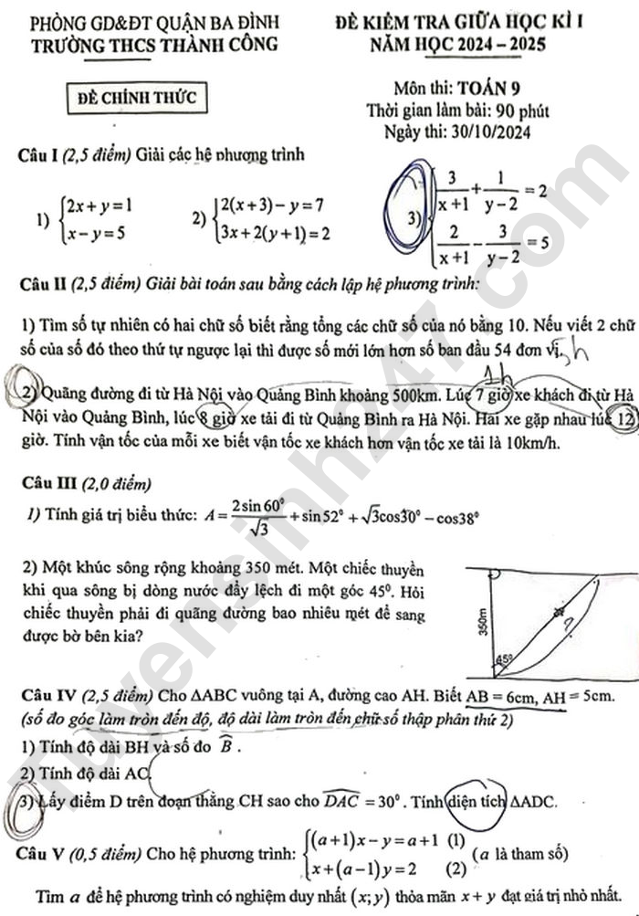 Đề thi giữa kì 1 môn Toán lớp 9 2024 - THCS Thành Công