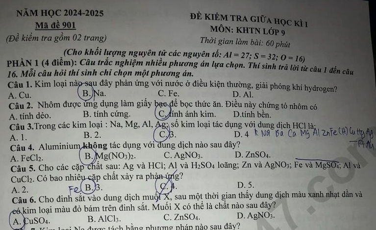 Đề thi giữa HK1 môn Khoa học tự nhiên lớp 9 năm 2024 - THCS Ngô Quyền