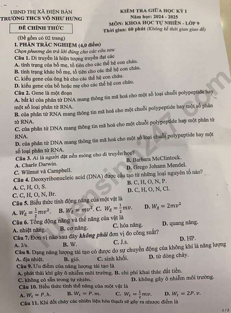 Đề thi giữa HK1 môn Khoa học tự nhiên lớp 9 - THCS Võ Như Hưng 2024