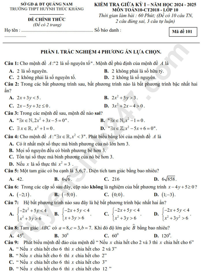 Đề thi giữa HK1 môn Toán lớp 10 2024 - THPT Huỳnh Thúc Kháng