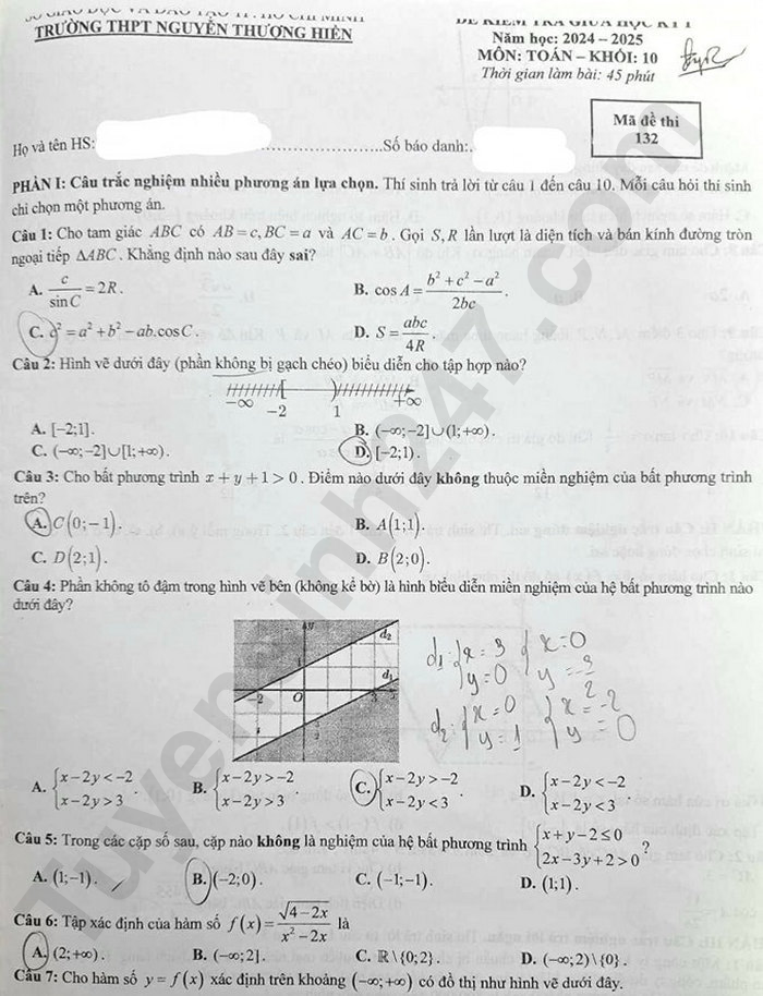 Đề thi giữa kì 1 môn Toán lớp 10 - THPT Nguyễn Thượng Hiền 2024