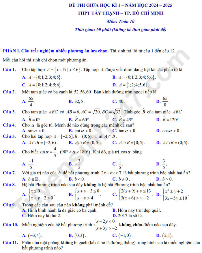 Đề thi giữa HK1 môn Toán lớp 10 - THPT Tây Thạnh 2024 (Có đáp án)