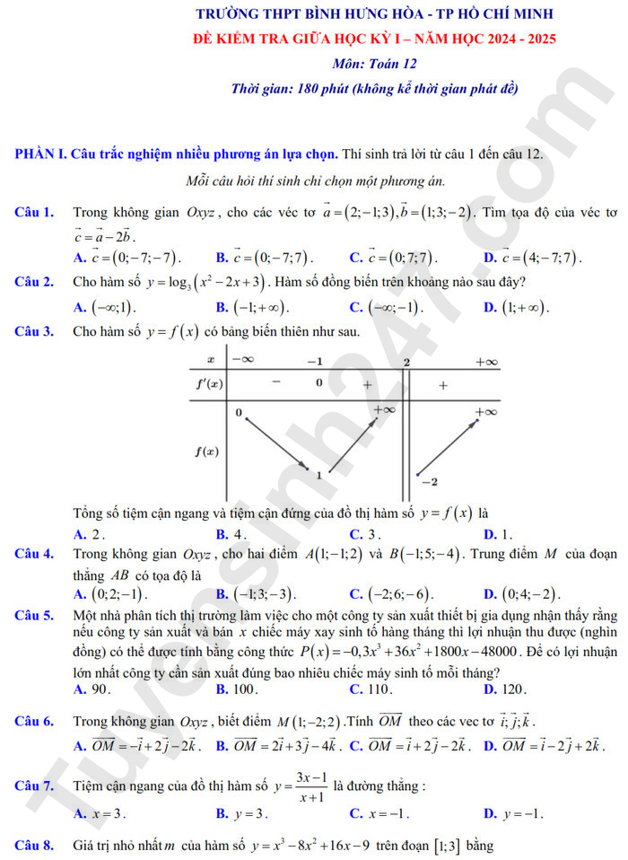 Đề thi giữa HK1 môn Toán lớp 12 - THPT Bình Hưng Hòa 2024 (Có đáp án)