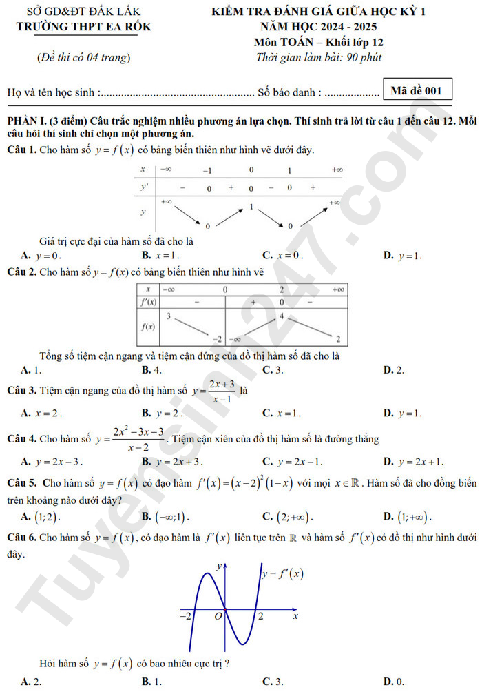 Đề thi giữa kì 1 môn Toán lớp 12 - THPT Ea Rốk 2024 (Có đáp án)