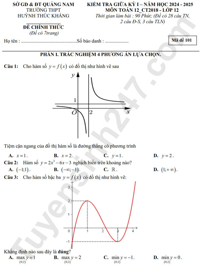 Đề thi giữa HK1 môn Toán lớp 12 - THPT Huỳnh Thúc Kháng 2024 (Có đáp án)