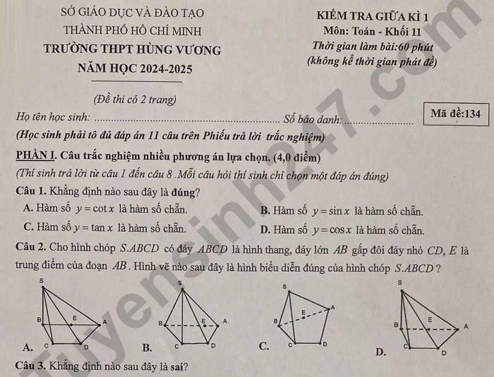 Đề thi giữa học kì 1 Toán 11 THPT Hùng Vương năm 2024