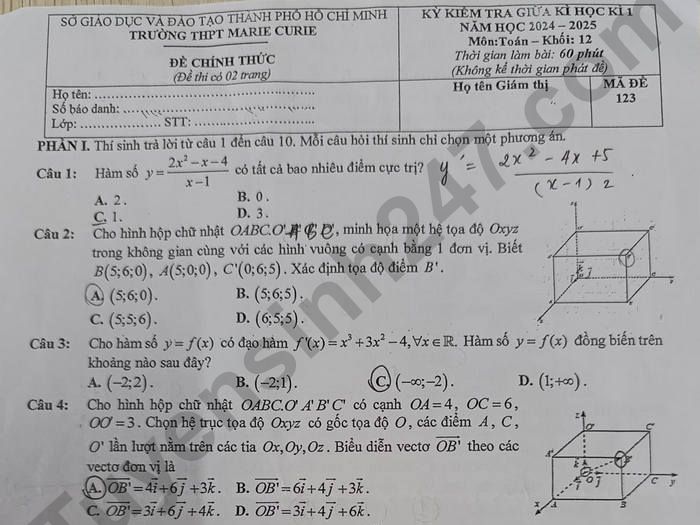 Đề thi giữa học kì 1 lớp 12 môn Toán 2024 - THPT Marie Curie