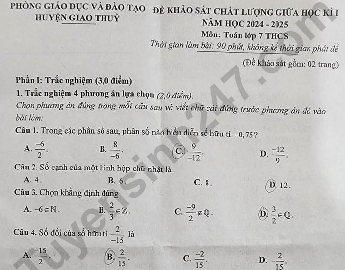 Đề thi giữa kì 1 lớp 7 môn Toán năm 2024 - huyện Giao Thủy