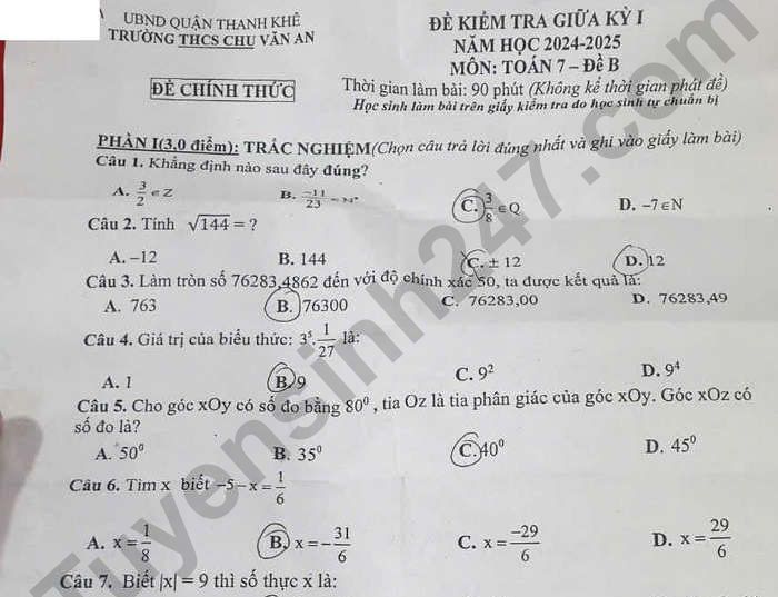 Đề thi giữa kì 1 năm 2024 THCS Chu Văn An - lớp 7 môn Toán 