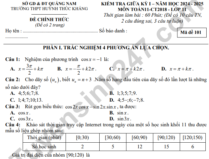 Đề thi giữa kì 1 năm 2024 THPT Huỳnh Thúc Kháng - Toán 11