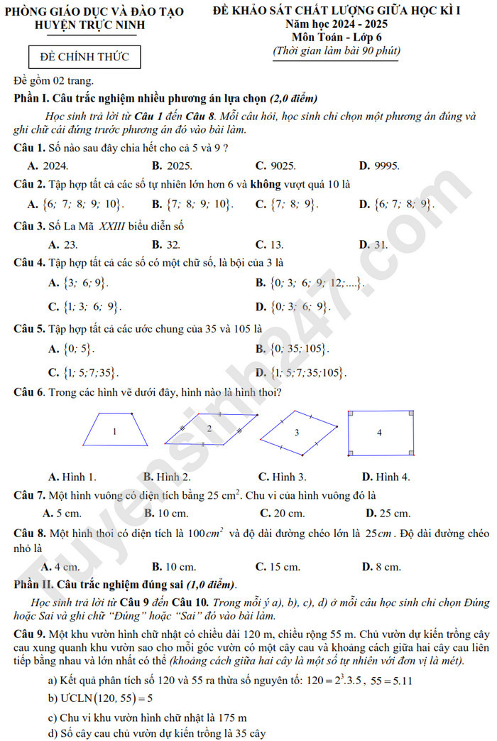Đề thi giữa HK1 môn Toán lớp 6 2024 - Phòng GD huyện Trực Ninh