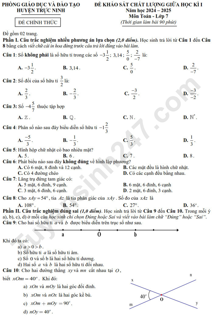 Đề thi giữa HK1 môn Toán lớp 7 2024 - Phòng GD huyện Trực Ninh