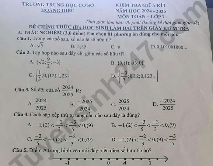 Đề kiểm tra giữa kì 1 lớp 7 môn Toán 2024 - THCS Hoàng Diệu