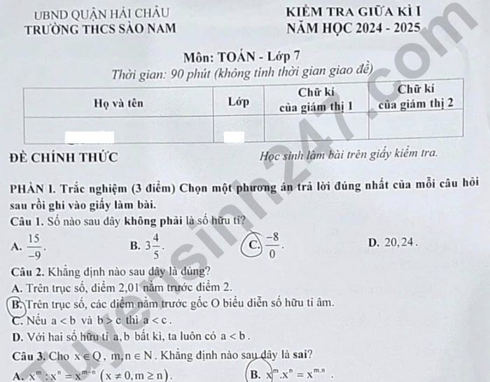 Đề kiểm tra giữa kì 1 lớp 7 môn Toán 2024 - THCS Sào Nam