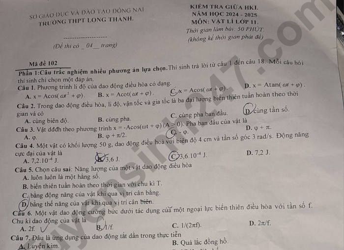 Đề thi giữa kì 1 môn Lý lớp 11 - THPT Long Thành 2024