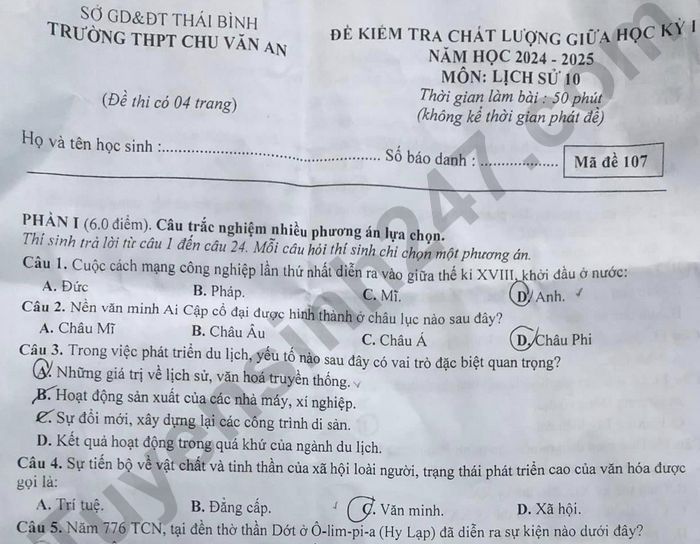 Đề thi giữa kì 1 lớp 10 môn Sử 2024 - THPT Chu Văn An