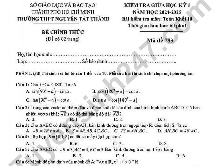 Đề thi giữa kì 1 năm 2024 lớp 10 môn Toán - THPT Nguyễn Tất Thành