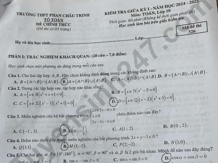 Đề kiểm tra giữa kì 1 năm 2024 THPT Phan Châu Trinh - Toán lớp 10