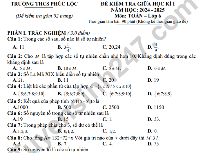 Đề kiểm tra giữa kì 1 Toán 6 THCS Phúc Lộc 2024