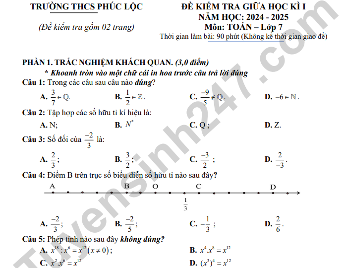 Đề thi giữa kì 1 năm 2024 lớp 7 môn Toán - THCS Phúc Lộc (Có đáp án)