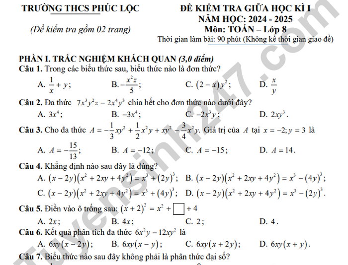 Đề thi giữa kì 1 lớp 8 môn Toán 2024 - THCS Phúc Lộc (có đáp án)