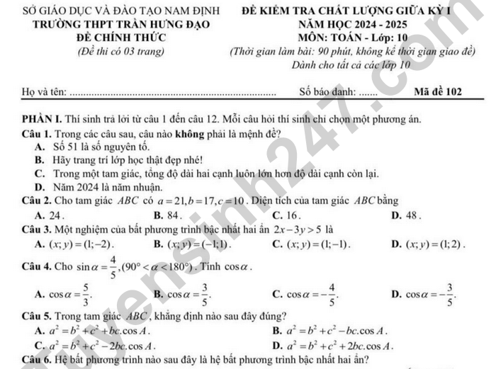 Đề thi giữa học kì 1 Toán 10 THPT Trần Hưng Đạo năm 2024