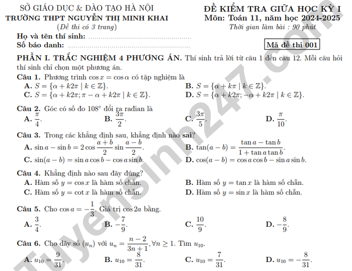 Đề thi giữa học kì 1 lớp 11 môn Toán 2024 - THPT Nguyễn Thị Minh Khai