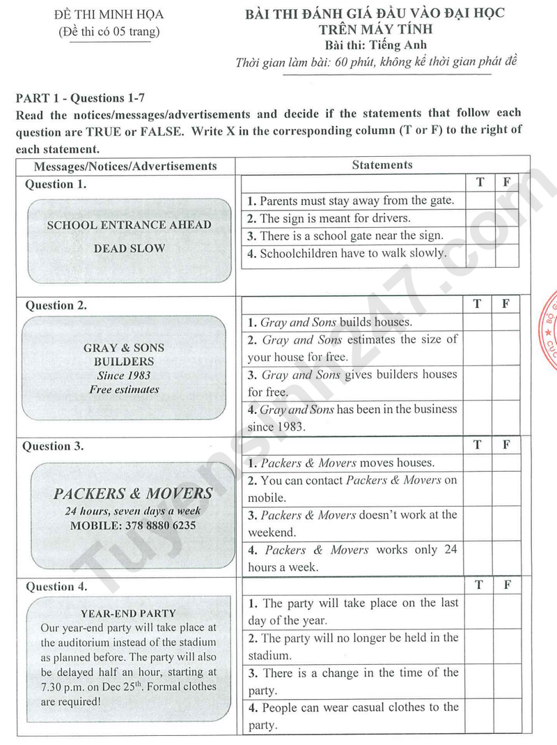 Đề minh họa kỳ thi đánh giá đầu vào V-SAT môn Anh năm 2025 - Có đáp án