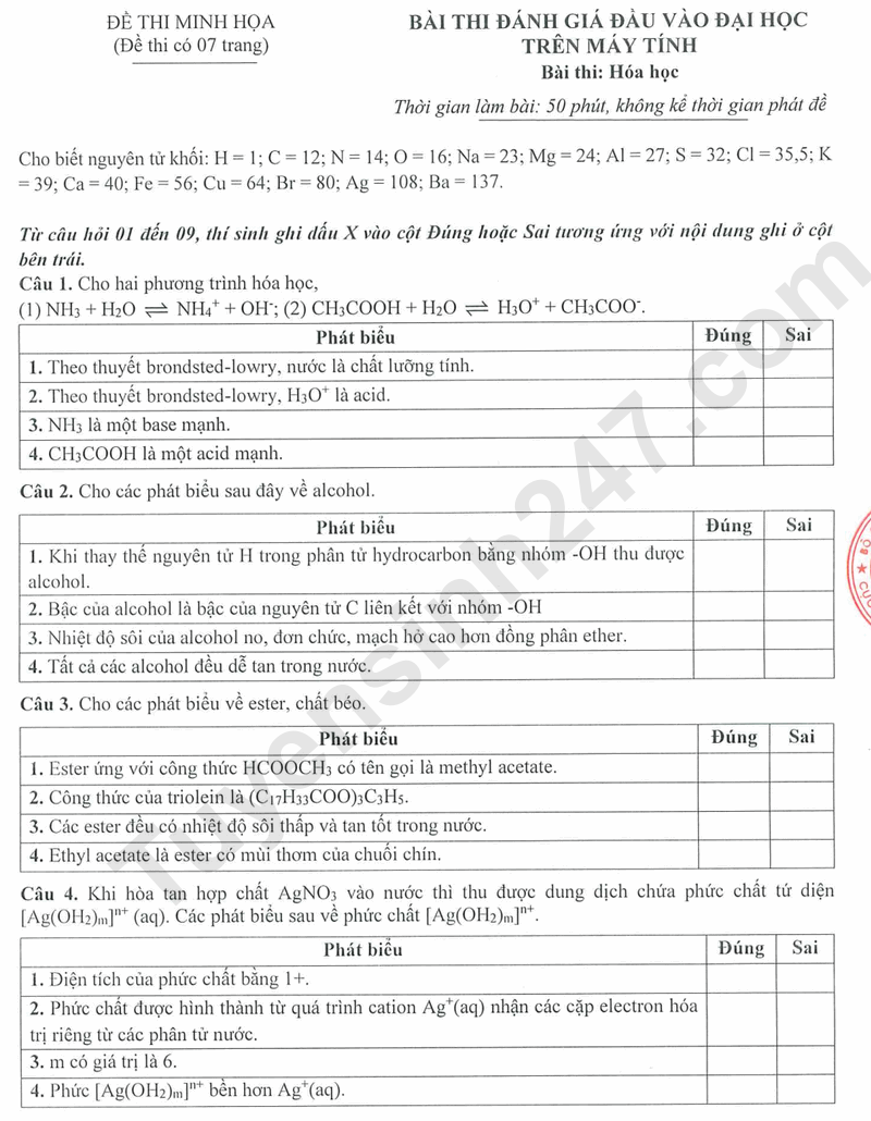 Đề minh họa môn Hóa - Kỳ thi đánh giá đầu vào V-SAT năm 2025 (Có đáp án)