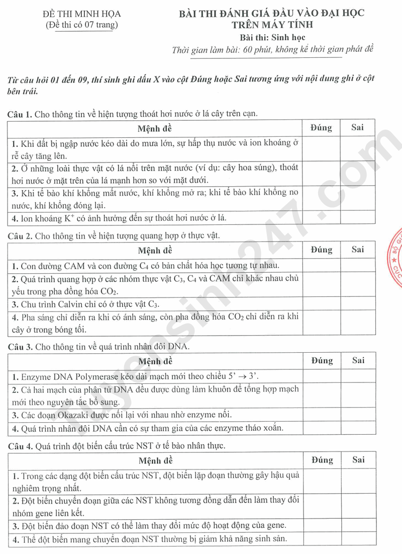 Đề minh họa môn Sinh - Kỳ thi đánh giá đầu vào V-SAT năm 2025