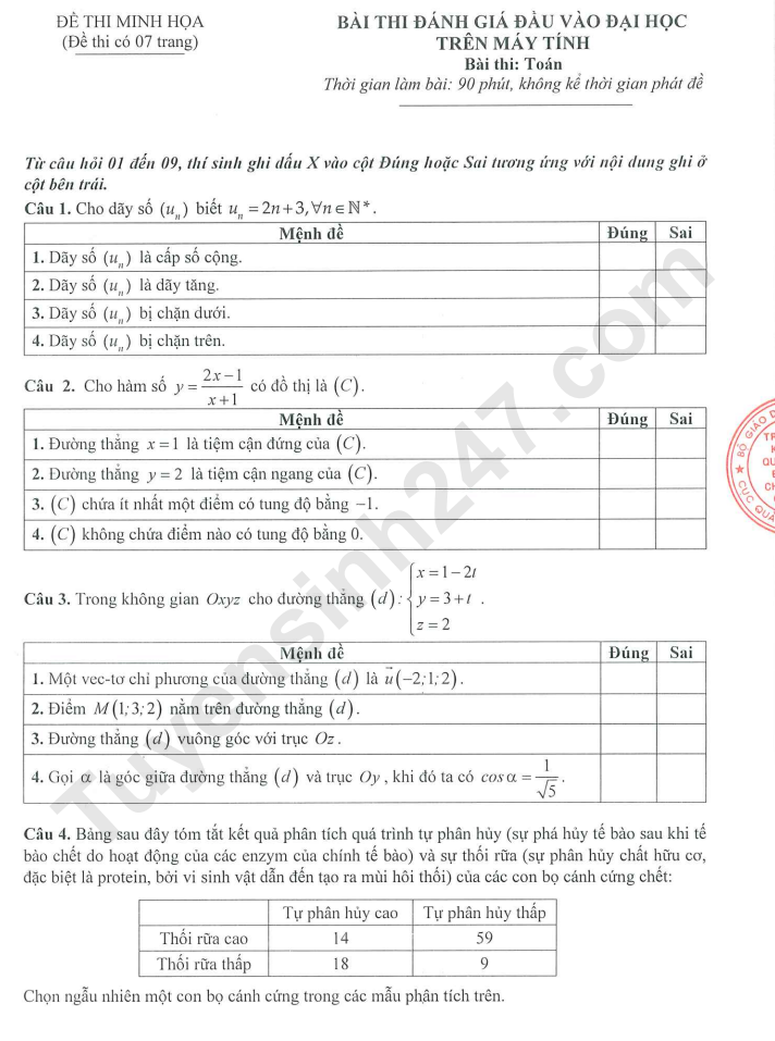 Đề thi minh họa kỳ thi đánh giá đầu vào V-SAT 2025 - Môn Toán (Có đáp án)