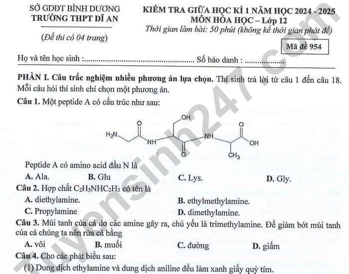 Đề kiểm tra giữa kì 1 lớp 12 môn Hóa 2024 - THPT Dĩ An