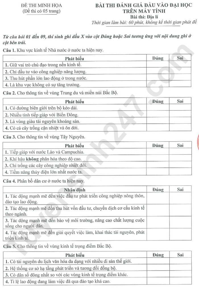 Đề minh họa môn Địa - Kỳ thi đánh giá đầu vào V-SAT năm 2025 (Có đáp án)