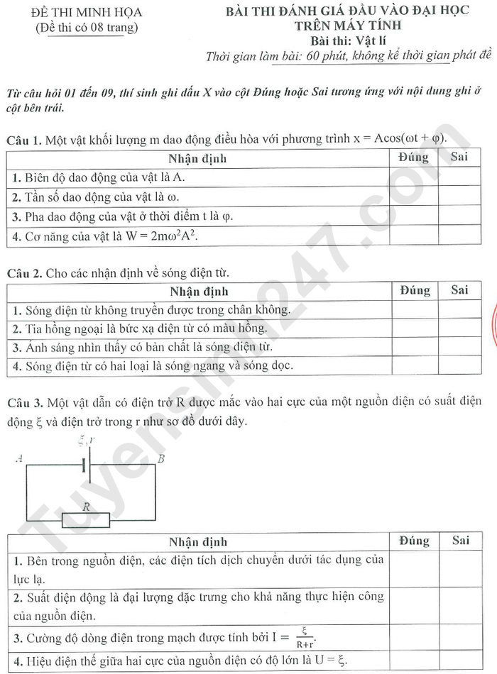 Đề minh họa môn Lí - Kỳ thi đánh giá đầu vào V-SAT năm 2025 (Có đáp án)