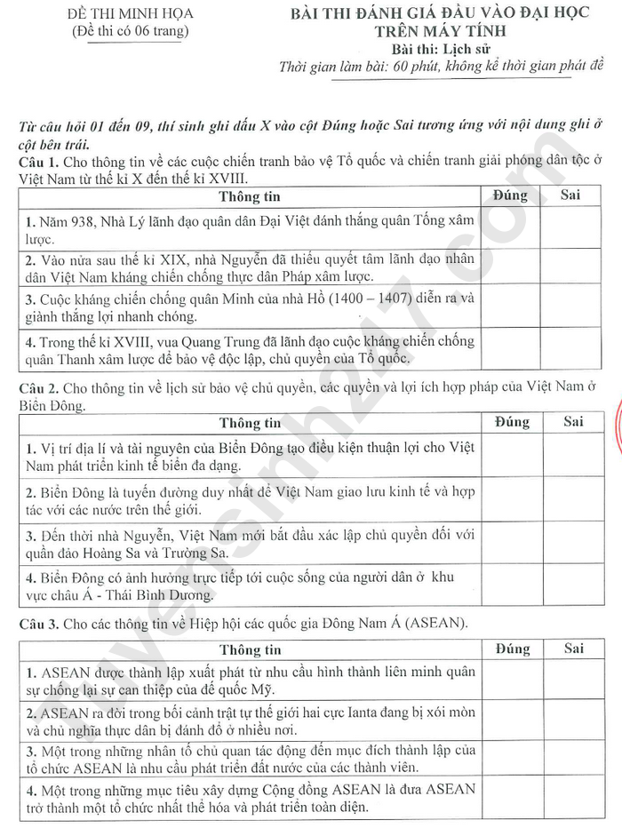 Đề minh họa kỳ thi đánh giá đầu vào V-SAT môn Sử năm 2025 - Có đáp án