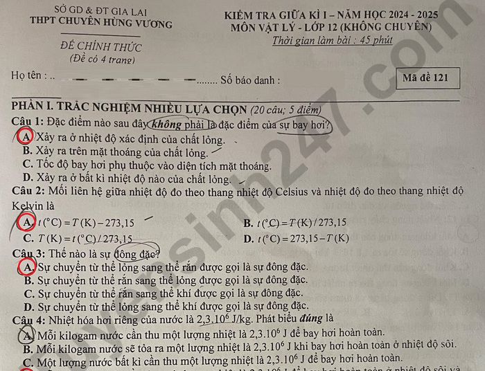 Đề thi giữa HK1 năm 2024 THPT Chuyên Hùng Vương - lớp 12 môn Lý