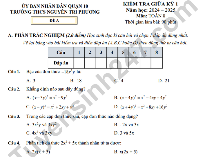 Đề thi giữa kì 1 năm 2024 Toán 8 - THCS Nguyễn Tri Phương (có đáp án)