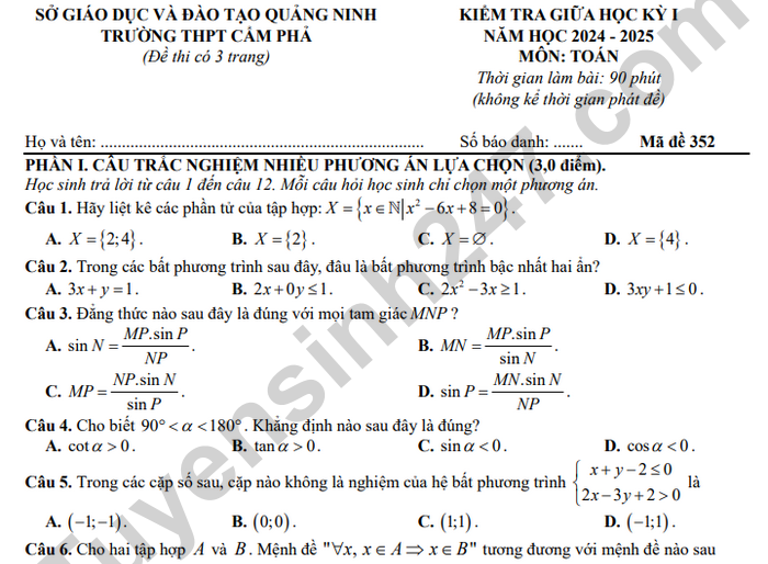 Đề kiểm tra giữa kì 1 Toán 10 THPT Cẩm Phả 2024